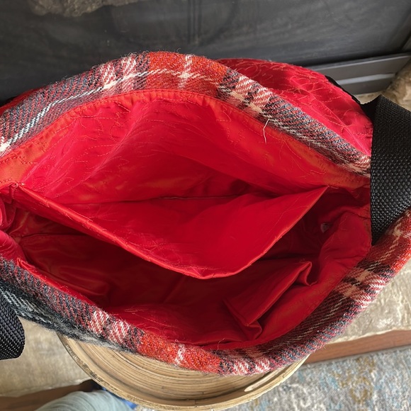 Kate Spade Wool-Plaid bag, navy-orange- cream outside, orange leaf deign inside. - Picture 5 of 13